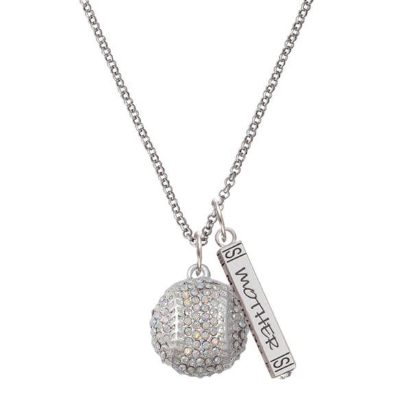 Delight Jewelry Silvertone Large Super Sparkle Crystal Clear AB Softball Silvertone Mother Daughter Bar Charm Necklace, 23"