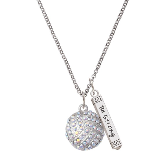 Delight Jewelry Silvertone Large Super Sparkle Crystal Clear AB Volleyball Silvertone Be Strong and Courageous Bar Charm Necklace, 23"