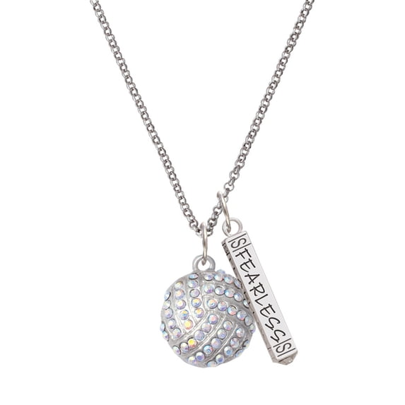 Delight Jewelry Silvertone Large Super Sparkle Crystal Clear AB Volleyball Silvertone Fearless Bar Charm Necklace, 23"