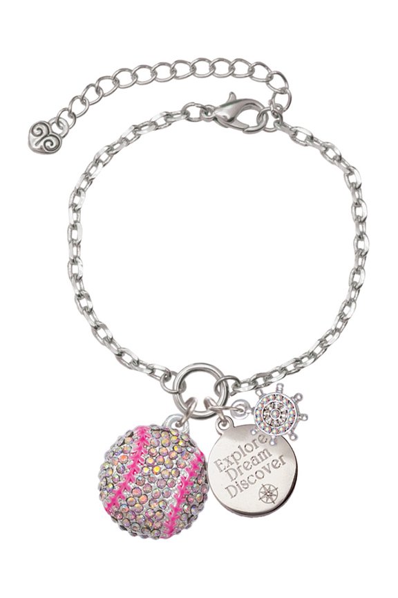 Silvertone Large Super Sparkle Crystal Pink AB Softball Silvertone Discover Dream Explore Zoey Charm Bracelet, 6.5+2" Extender