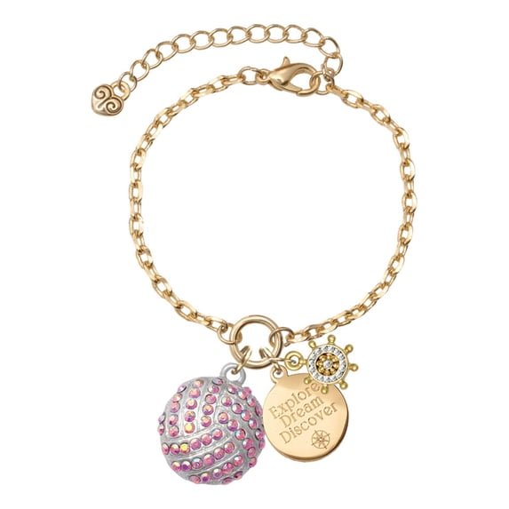 Delight Jewelry Silvertone Large Super Sparkle Crystal Pink AB Volleyball Goldtone Discover Dream Explore Zoey Charm Bracelet, 6.5+2" Extender