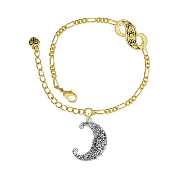 Delight Jewelry Silvertone Large Swirl Man in Moon Gold-tone Paw Infinity Link Chain Bracelet, 6"+2" Extender