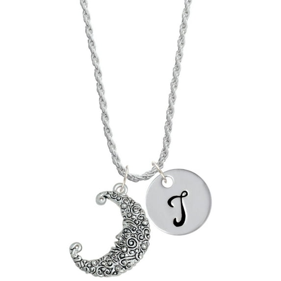 Delight Jewelry Silvertone Large Swirl Man in Moon Silvertone Script Initial Disc - T - Charm Necklace, 20"+3"