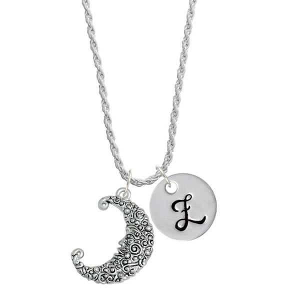 Delight Jewelry Silvertone Large Swirl Man in Moon Silvertone Script Initial Disc - Z - Charm Necklace, 20"+3"