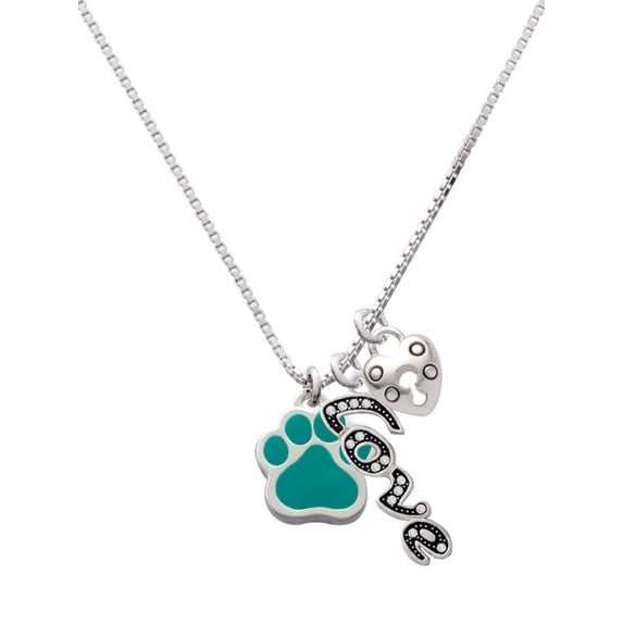 Delight Jewelry Silvertone Large Teal Paw - Love and Lock Charm Necklace, 18"+1"