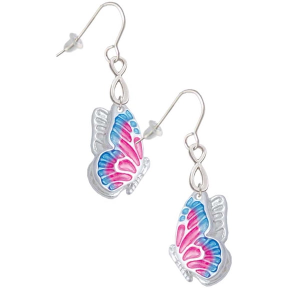 Delight Jewelry Silvertone Large Translucent Hot Pink & Blue Flying Butterfly Silver tone Infinity French Earrings