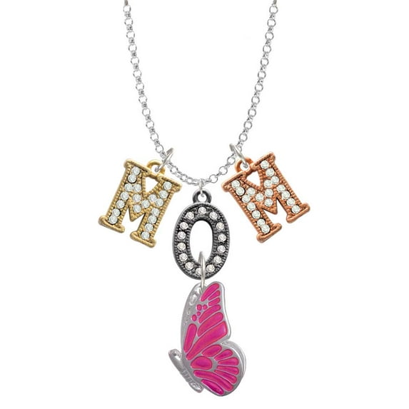 Delight Jewelry Silvertone Large Translucent Hot Pink Flying Butterfly Multi-Colored Crystal Mom Charm Necklace