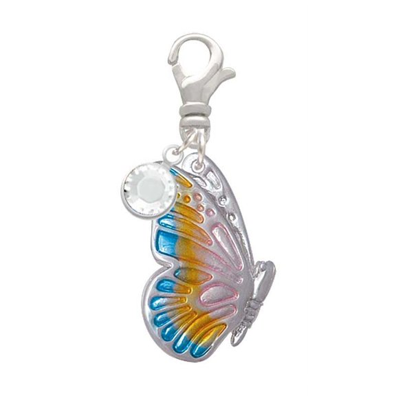 Delight Jewelry Silvertone Large Translucent Pastel Flying Butterfly - Silvertone Clip on Charm with Clear Crystal Drop