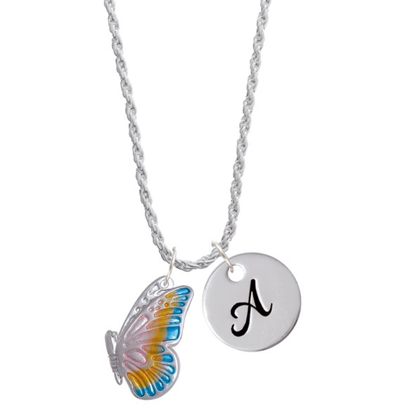 Delight Jewelry Silvertone Large Translucent Pastel Flying Butterfly Silvertone Script Initial Disc - A - Charm Necklace, 20"+3"