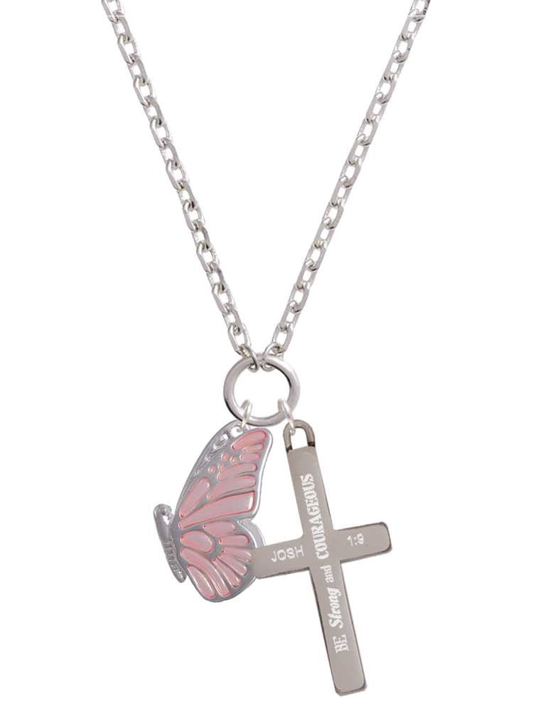 Delight Jewelry Silvertone Large Translucent Pink Flying Butterfly Be Strong and Courageous Engraved Cross Zoey Necklace, 28"