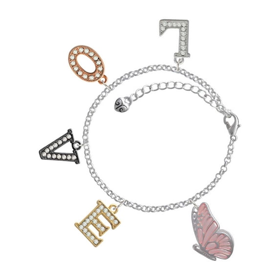 Delight Jewelry Silvertone Large Translucent Pink Flying Butterfly Multi-Colored Crystal Love Charm Bracelet