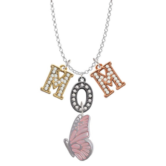 Delight Jewelry Silvertone Large Translucent Pink Flying Butterfly Multi-Colored Crystal Mom Charm Necklace