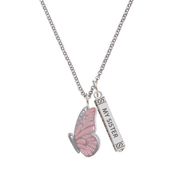 Delight Jewelry Silvertone Large Translucent Pink Flying Butterfly Silvertone Always My Sister Bar Charm Necklace, 23"