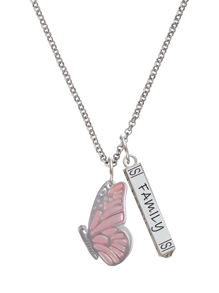 Delight Jewelry Silvertone Large Translucent Pink Flying Butterfly Silvertone Family Bar Charm Necklace, 23"
