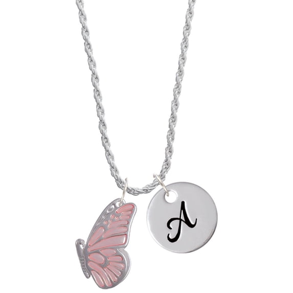 Delight Jewelry Silvertone Large Translucent Pink Flying Butterfly Silvertone Script Initial Disc - A - Charm Necklace, 20"+3"