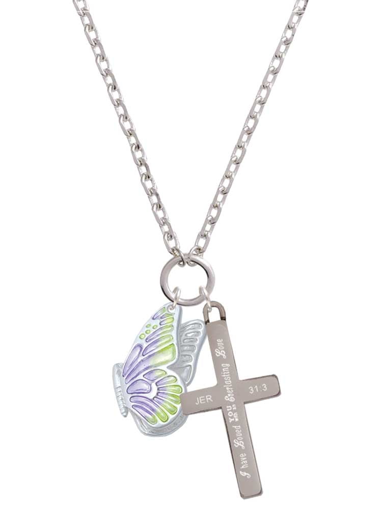 Delight Jewelry Silvertone Large Translucent Purple & Lime Green Flying Butterfly Everlasting Love Engraved Cross Zoey Necklace, 28"