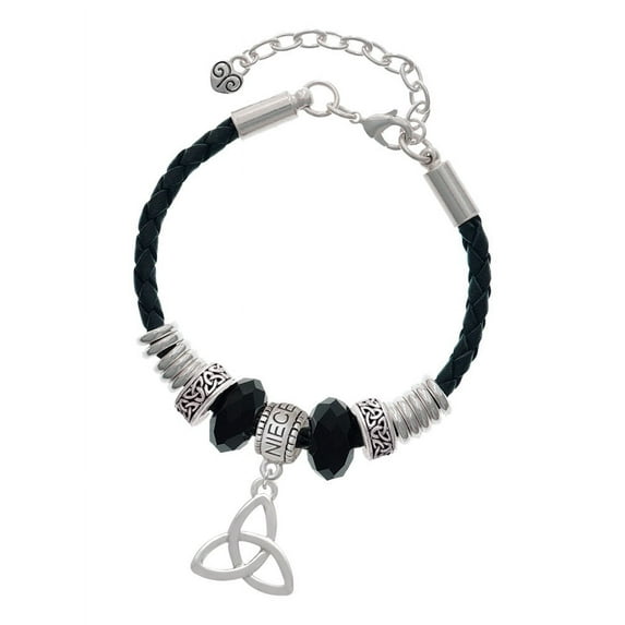 Delight Jewelry Silvertone Large Trinity Knot Niece Celtic Knot Leather Bead Bracelet, 7"+2" Extender