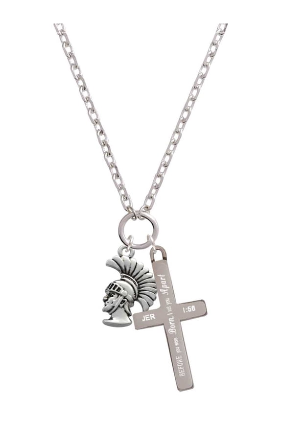 Silvertone Large Trojan - Mascot I Set You Apart Engraved Cross Zoey Necklace, 28"