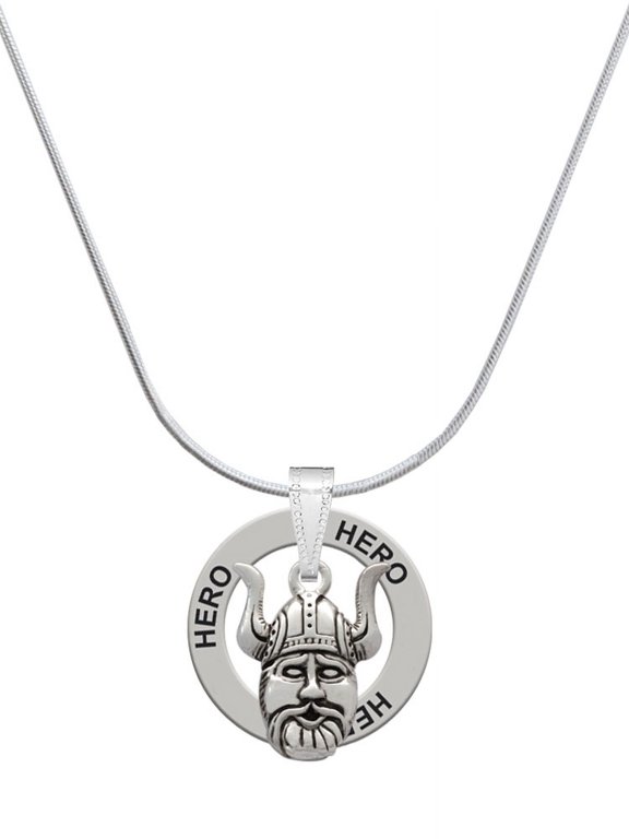 Silvertone Large Viking - Mascot Hero Ring Charm Necklace, 18"