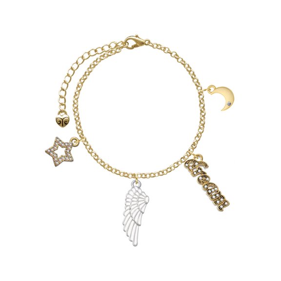 Delight Jewelry Silvertone Large White Enamel Angel Wing Goldtone Dream Big Charm Bracelet, 7.5+2" Extender