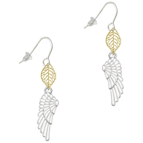 Delight Jewelry Silvertone Large White Enamel Angel Wing Goldtone Leaf French Earrings
