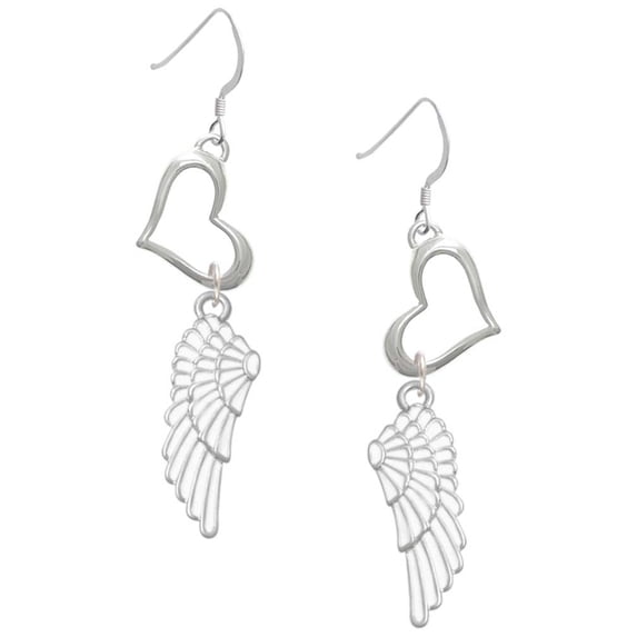 Delight Jewelry Silvertone Large White Enamel Angel Wing Open Heart French Earrings