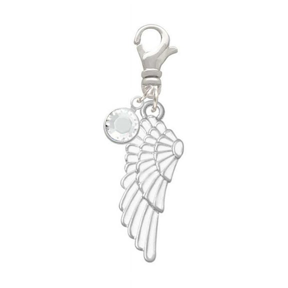 Delight Jewelry Silvertone Large White Enamel Angel Wing - Silvertone Clip on Charm with Clear Crystal Drop