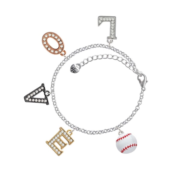 Delight Jewelry Silvertone Large White Enamel Baseball Multi-Colored Crystal Love Charm Bracelet