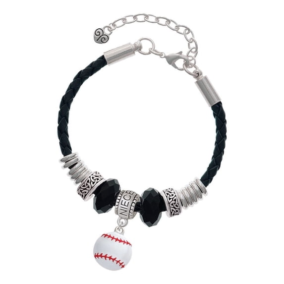 Delight Jewelry Silvertone Large White Enamel Baseball Niece Celtic Knot Leather Bead Bracelet, 7"+2" Extender