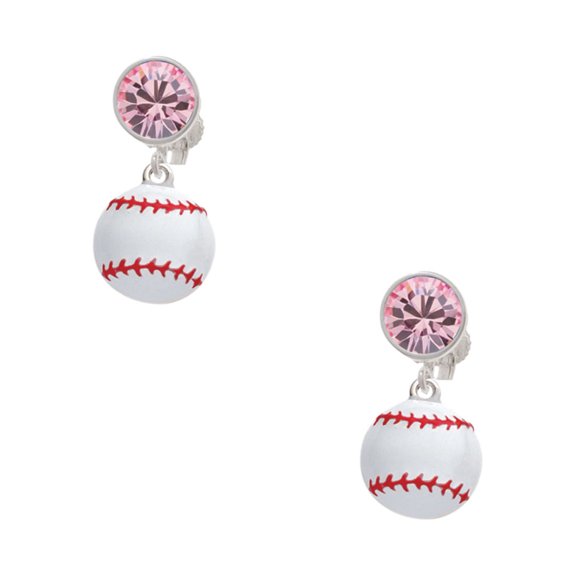 Delight Jewelry Silvertone Large White Enamel Baseball Pink Crystal Clip on Earrings