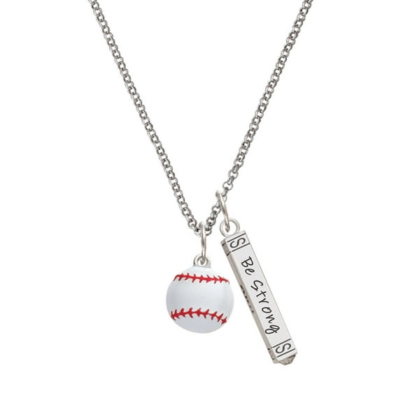 Delight Jewelry Silvertone Large White Enamel Baseball Silvertone Be Strong and Courageous Bar Charm Necklace, 23"