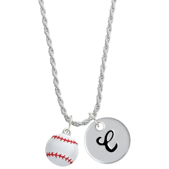 Delight Jewelry Silvertone Large White Enamel Baseball Silvertone Script Initial Disc - C - Charm Necklace, 20"+3"