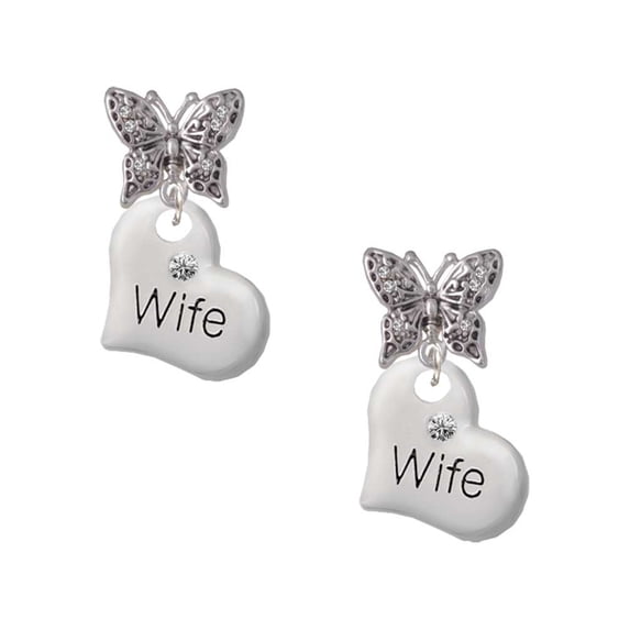 Delight Jewelry Silvertone Large Wife Heart Silvertone Antiqued Butterfly Post Earrings