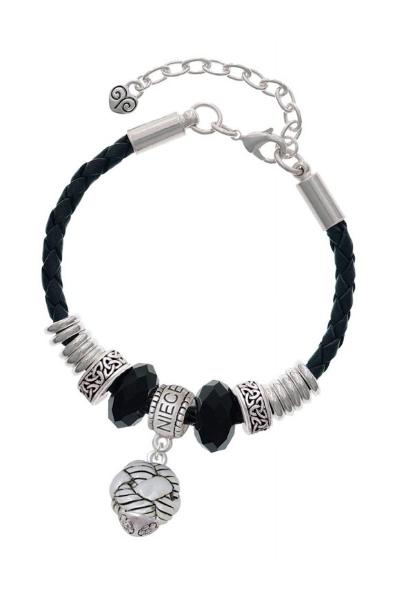 Silvertone Large Woven Rope Spinner Niece Celtic Knot Leather Bead Bracelet, 7"+2" Extender