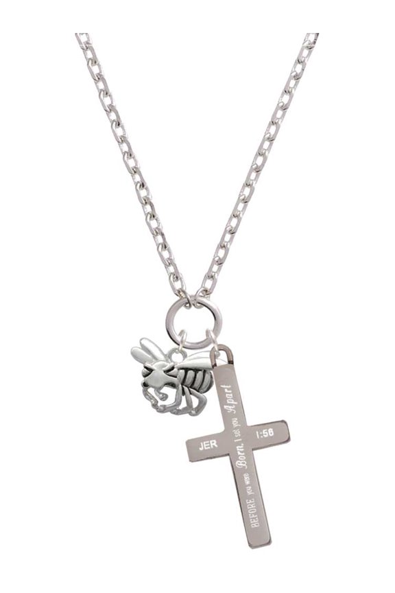 Silvertone Large Yellow Jacket - Mascot I Set You Apart Engraved Cross Zoey Necklace, 28"
