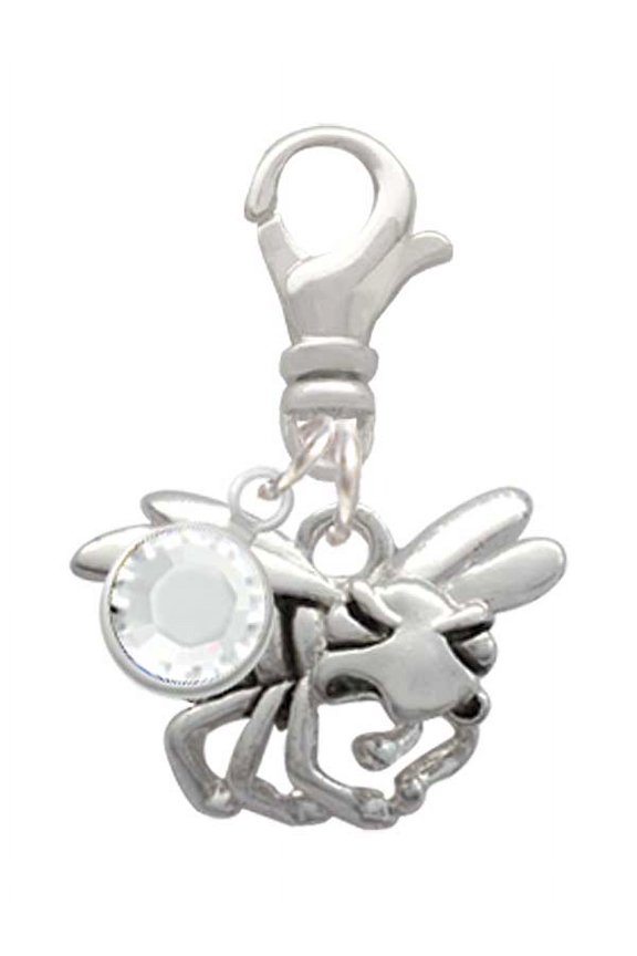 Silvertone Large Yellow Jacket - Mascot - Silvertone Clip on Charm with Clear Crystal Drop