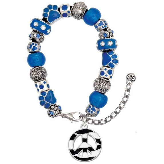 Delight Jewelry Silvertone Large Zebra Print Peace Sign Blue Paw Print Bead Bracelet, 7"+2"