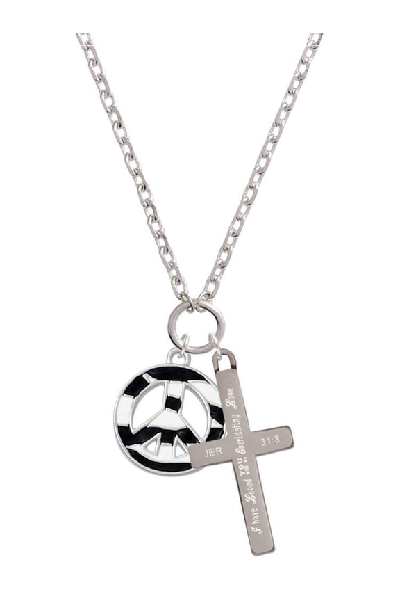 Silvertone Large Zebra Print Peace Sign Everlasting Love Engraved Cross Zoey Necklace, 28"