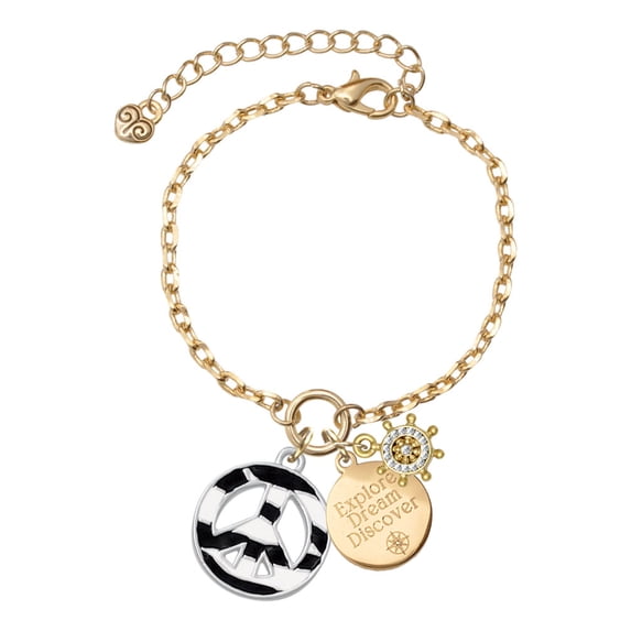 Delight Jewelry Silvertone Large Zebra Print Peace Sign Goldtone Discover Dream Explore Zoey Charm Bracelet, 6.5+2" Extender