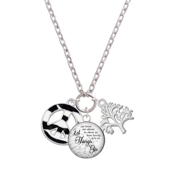 Delight Jewelry Silvertone Large Zebra Print Peace Sign Let Things Go Fall Zoey Charm Necklace, 28"