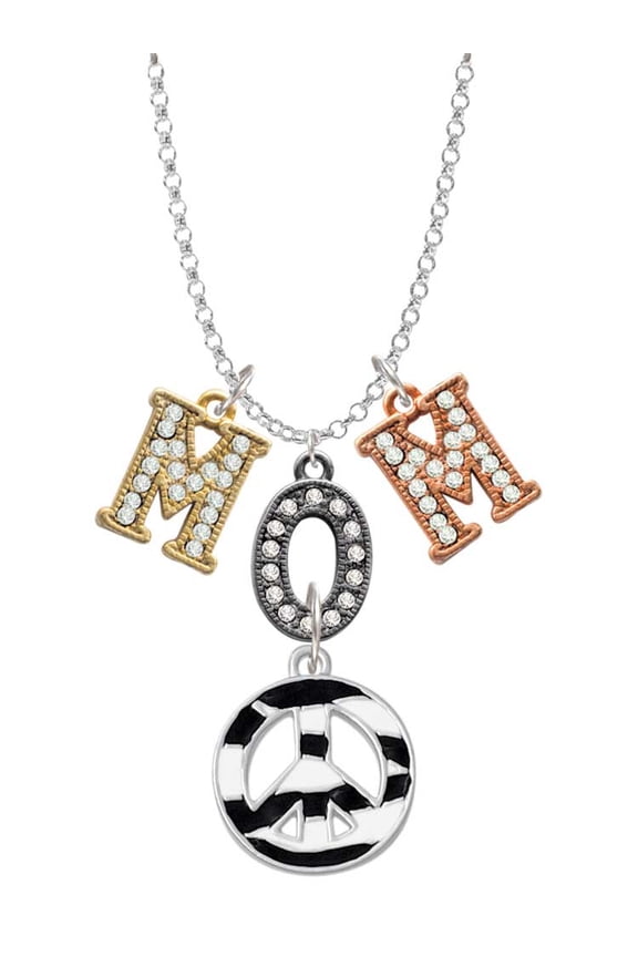 Silvertone Large Zebra Print Peace Sign Multi-Colored Crystal Mom Charm Necklace