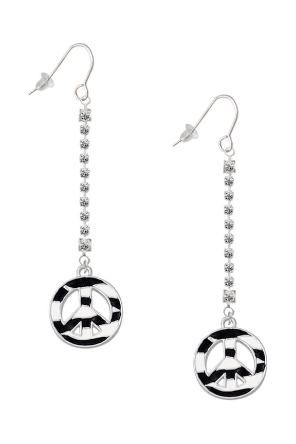 Silvertone Large Zebra Print Peace Sign - Silver-tone Long Sparkle Dangle French Earrings
