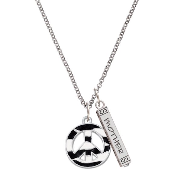Delight Jewelry Silvertone Large Zebra Print Peace Sign Silvertone Mother Daughter Bar Charm Necklace, 23"