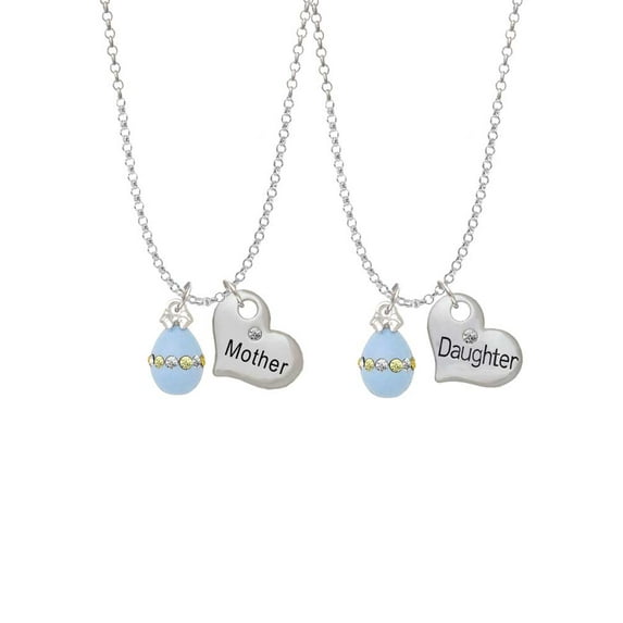 Delight Jewelry Silvertone Light Blue Easter Egg with Multicolored Crystal Band Mother & Daughter Heart Necklaces (Set of 2), 19"+2"