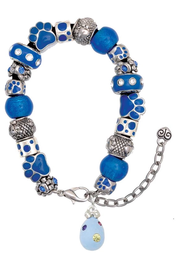Silvertone Light Blue Easter Egg with Multicolored Crystal Dots Blue Paw Print Bead Bracelet, 7"+2"