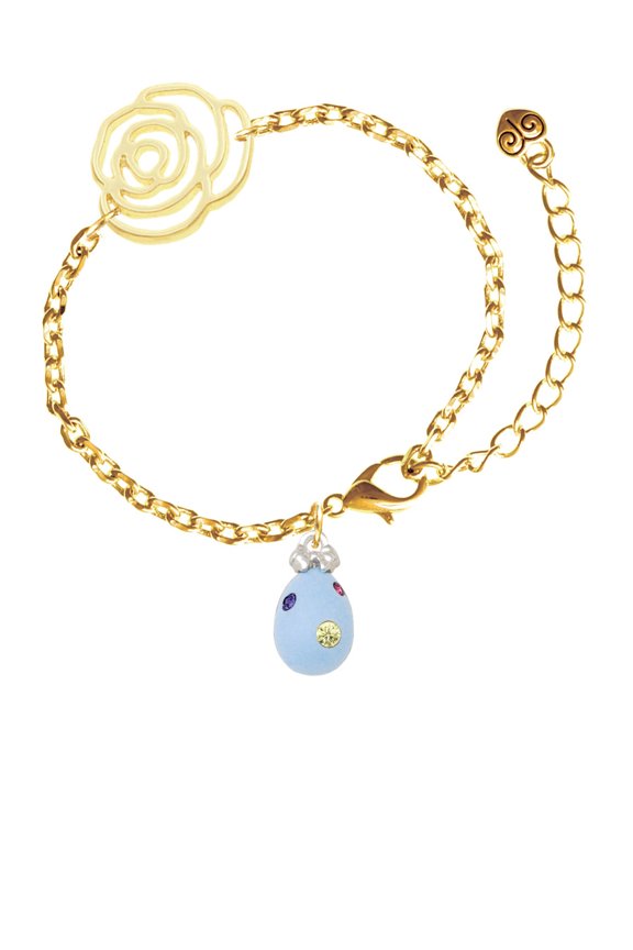 Silvertone Light Blue Easter Egg with Multicolored Crystal Dots Gold-tone Flower Link Chain Bracelet, 6.75"+2" Extender