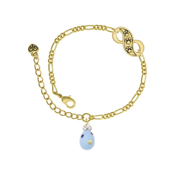 Delight Jewelry Silvertone Light Blue Easter Egg with Multicolored Crystal Dots Gold-tone Paw Infinity Link Chain Bracelet, 6"+2" Extender