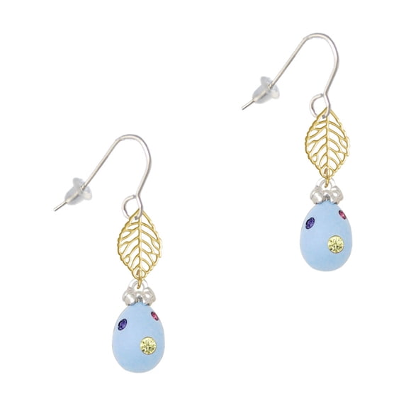 Delight Jewelry Silvertone Light Blue Easter Egg with Multicolored Crystal Dots Goldtone Leaf French Earrings