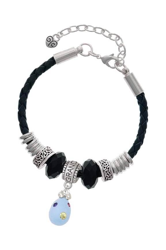 Silvertone Light Blue Easter Egg with Multicolored Crystal Dots Granddaughter Celtic Knot Leather Bead Bracelet, 7"+2" Extender