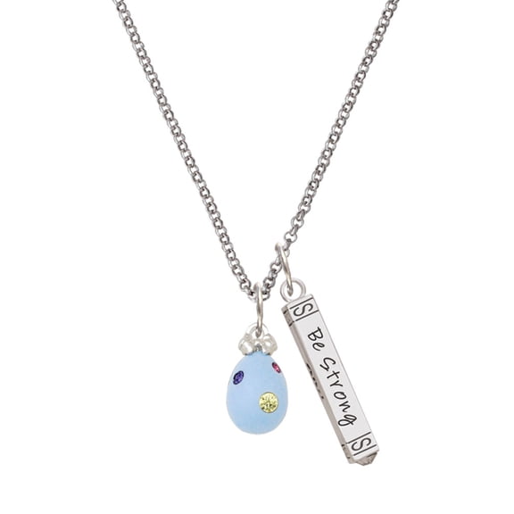 Delight Jewelry Silvertone Light Blue Easter Egg with Multicolored Crystal Dots Silvertone Be Strong and Courageous Bar Charm Necklace, 23"